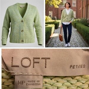 LOFT Petites Marled Sage Green Chunky Knit Cardigan
